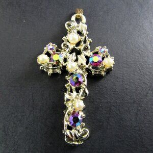 GOLD TONE CROSS AB RHINESTONES FAUX PEARLS (BR31)